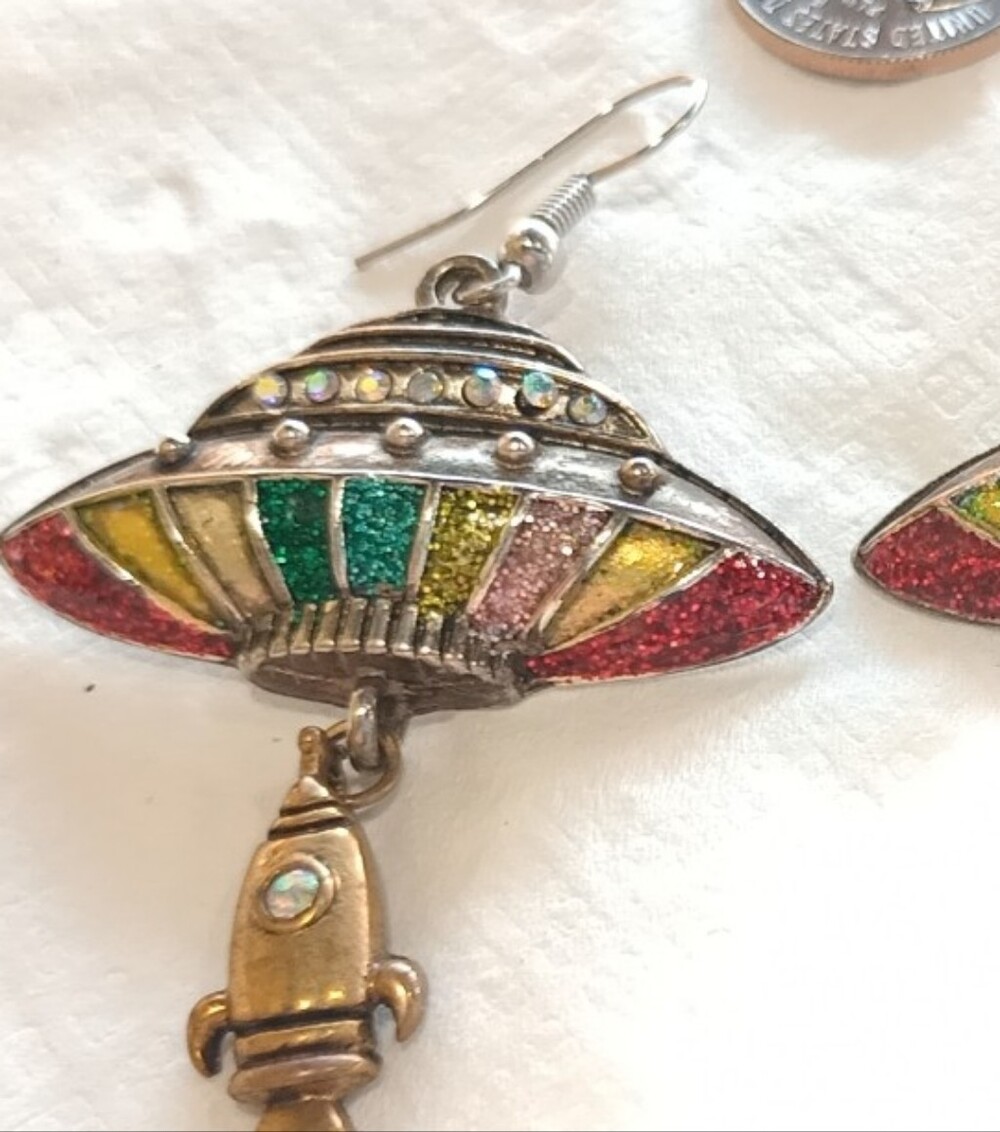 Vintage Multicolor Glitter UFO and Rocket Drop Earrings MCM Mid-century Modern - Picture 10 of 10